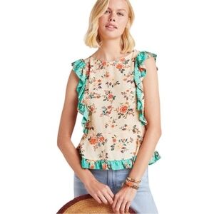 FARM RIO Maggie Floral Ruffle Blouse - Cream and Green